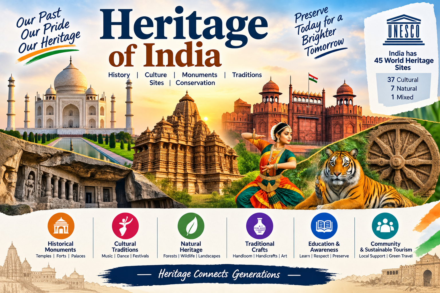 Heritage of India featuring historic monuments, cultural traditions, natural heritage, traditional crafts, Indian wildlife, UNESCO World Heritage sites, and sustainable tourism.